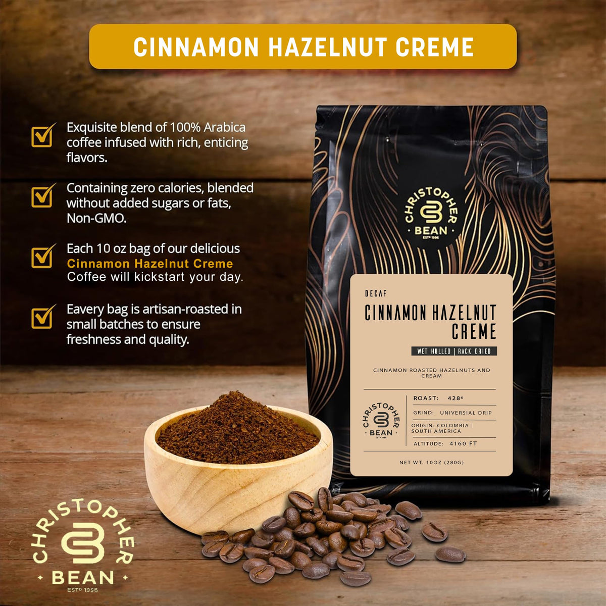 Christopher Bean Coffee - Certified Kosher - Decaf Ground Universal Drip Cinnamon Hazelnut Crème Flavored Coffee| Coffee Beans with Medium Roast 100%