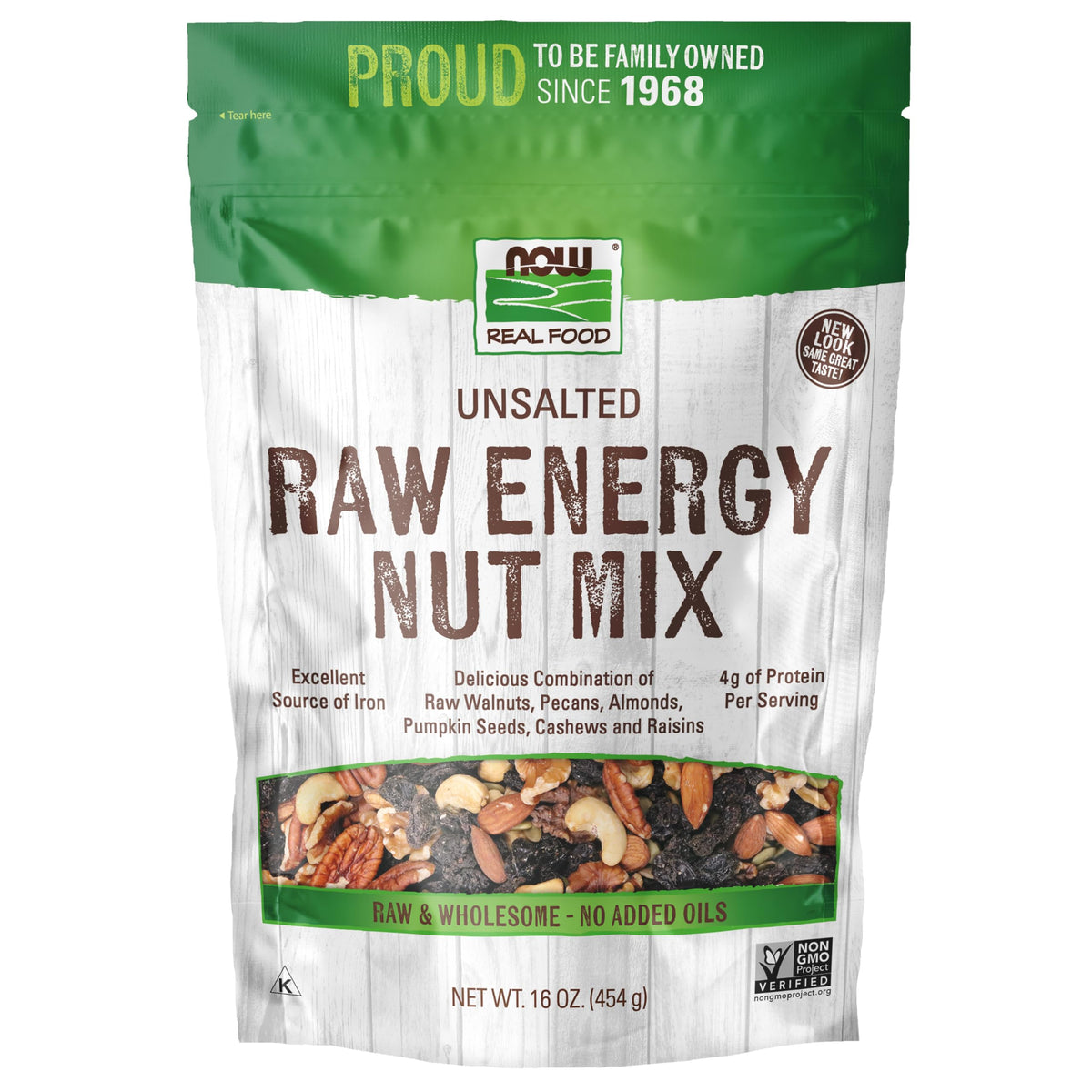 NOW Foods, Raw Energy Nut Mix, Unsalted Mix of Raisins, Walnuts, Peacans, Almonds, Pumpkin Seeds and Cashews, Great-Tasting, Source of Iron, 16-Ounce