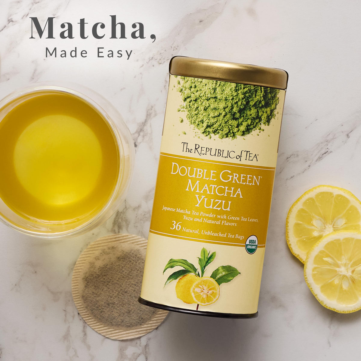 The Republic of Tea Organic Double Green Matcha Yuzu, Individual Tea Bags with Japanese Matcha Tea Powder and Green Tea Leaves Blend, Natural