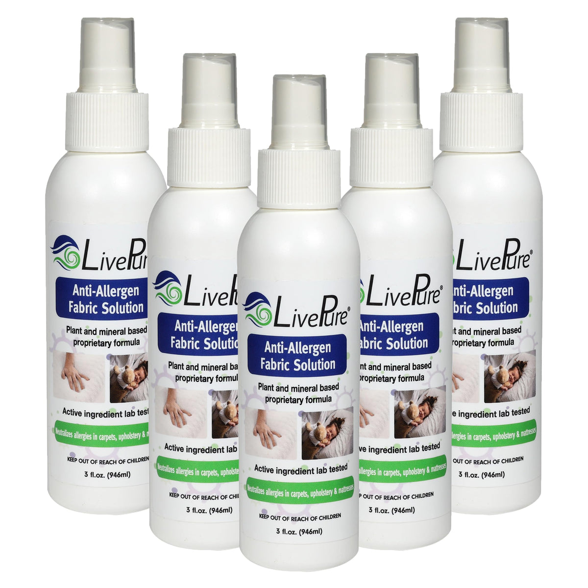 LivePure Anti-Allergen 3 OZ Fabric Spray for Household Surfaces. Plant-Based Allergy Spray for Dust Mites and Pet Dander. Fragrance Free - 5 Pack