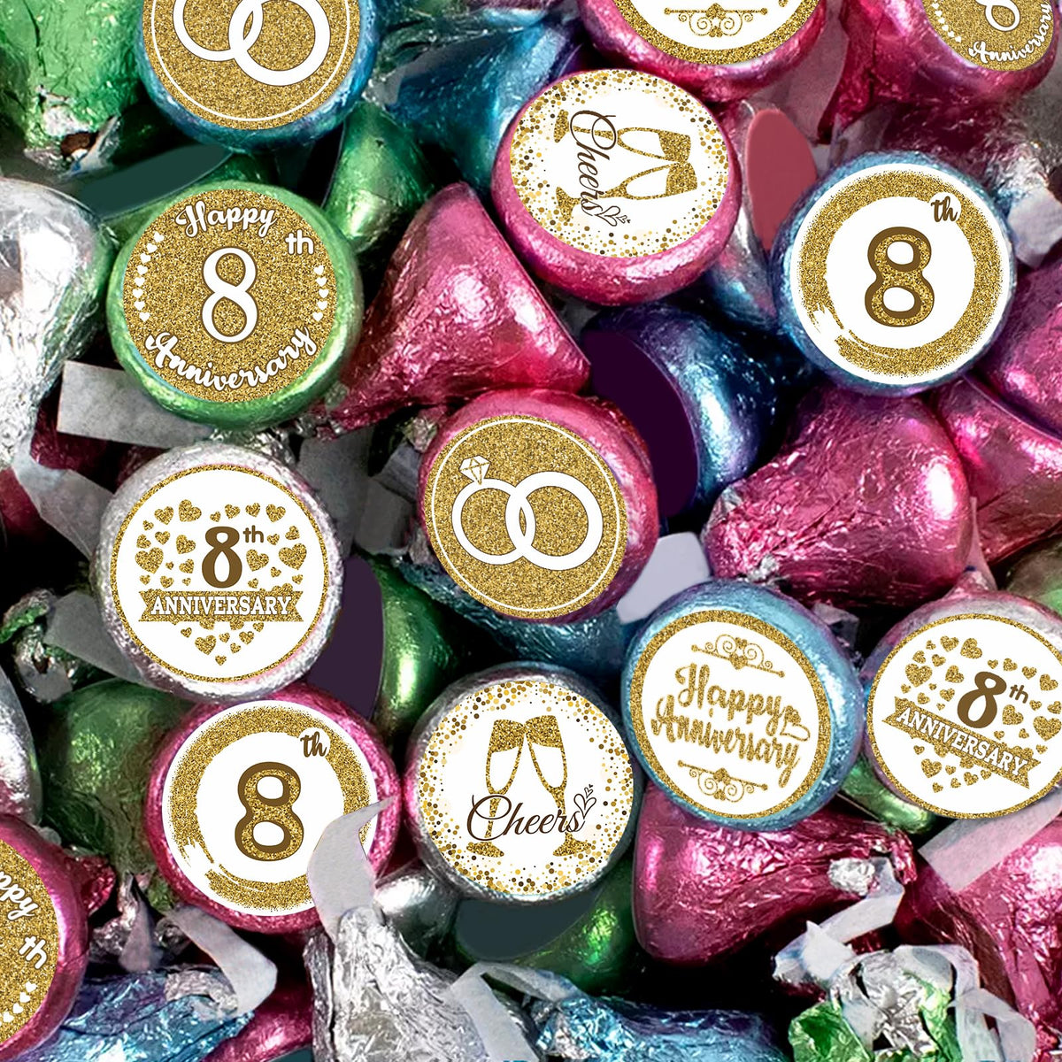 Gold 8th Anniversary Chocolate Kiss Stickers,180 Count, 0.75" Chocolate Drop Labels for Kisses, 8th Wedding Anniversary Party Favors Labels