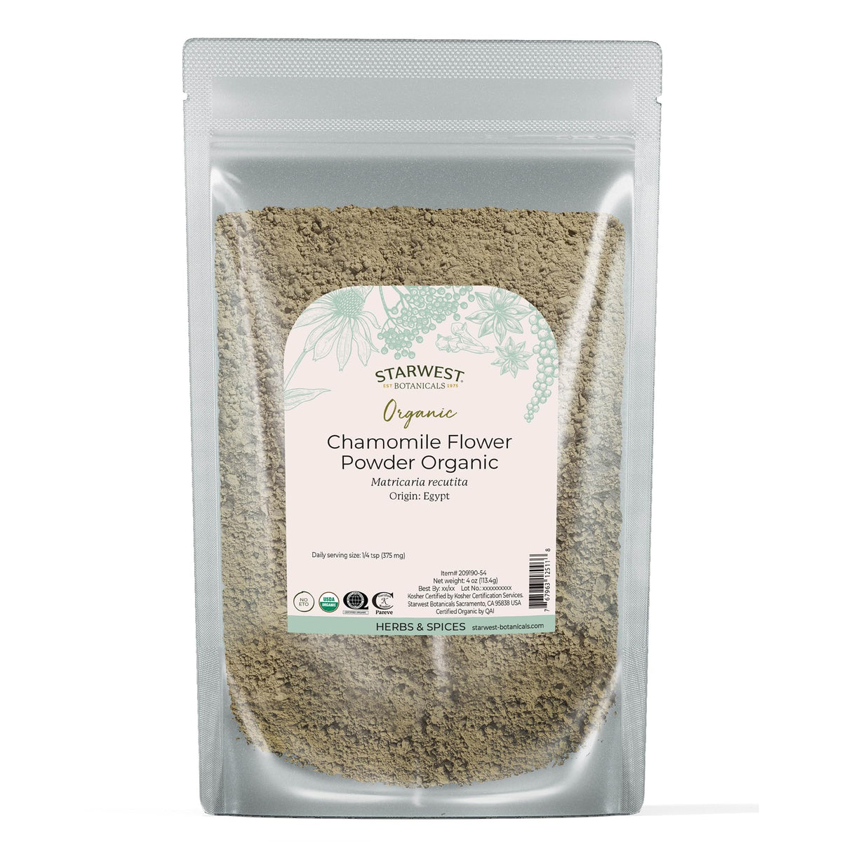 Starwest Botanicals Organic Chamomile Flower Powder - Dried Loose Leaf Herb for Tea, Herbal Lotions, & Baking, Sourced from Egypt, Certified Kosher