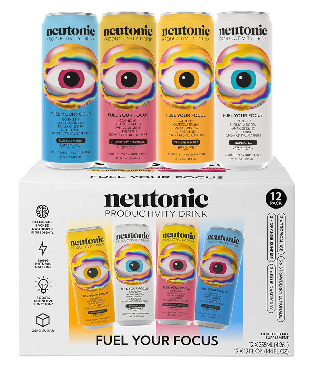 Neutonic Nootropic Productivity Energy Drink | Variety Pack 12 Cans | 120mg Natural Caffeine, Zero Sugar | Support Memory, Mental Clarity, Cognitive