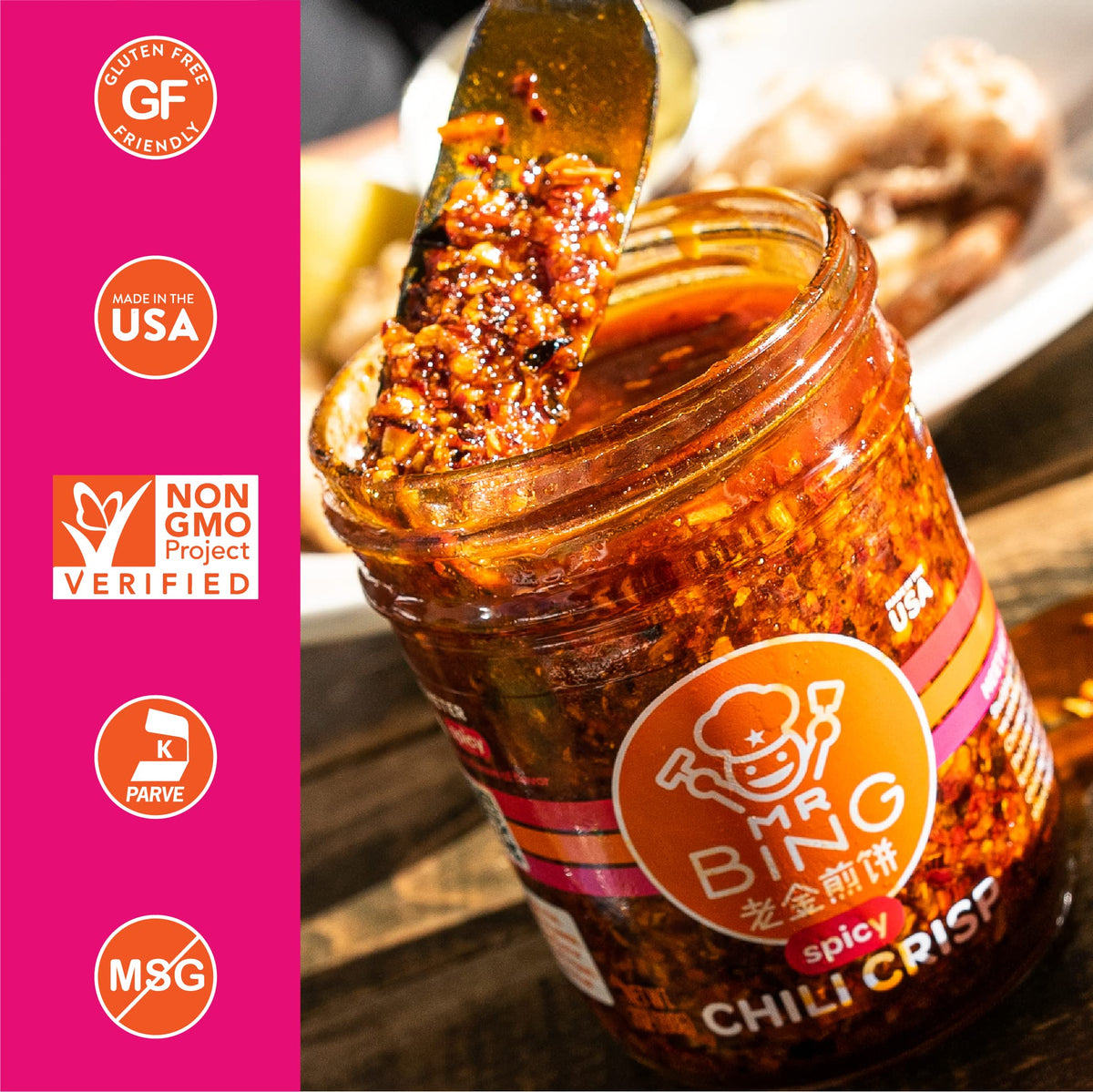 Mr. Bing Chili Crisp | Spicy - Delicious, Flavorful & Crunchy Chili Oil - Made in USA Chili Paste Hot Sauce - Gluten Free, Vegan, No MSG, Non-GMO Oil