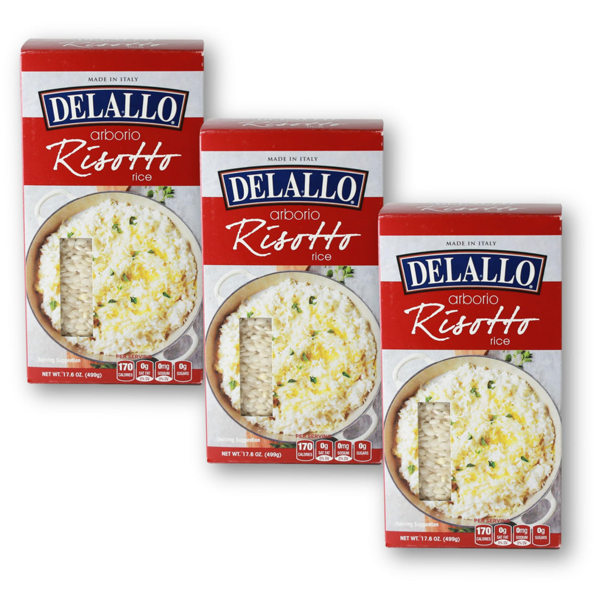 DeLallo Arborio Rice, For Risotto, Made in Italy, Short Grain Rice with High Starch Content, Gluten-Free, Kosher, Non-GMO, Vegan, Preservative Free, 17.6 oz Box, (3 Pack)