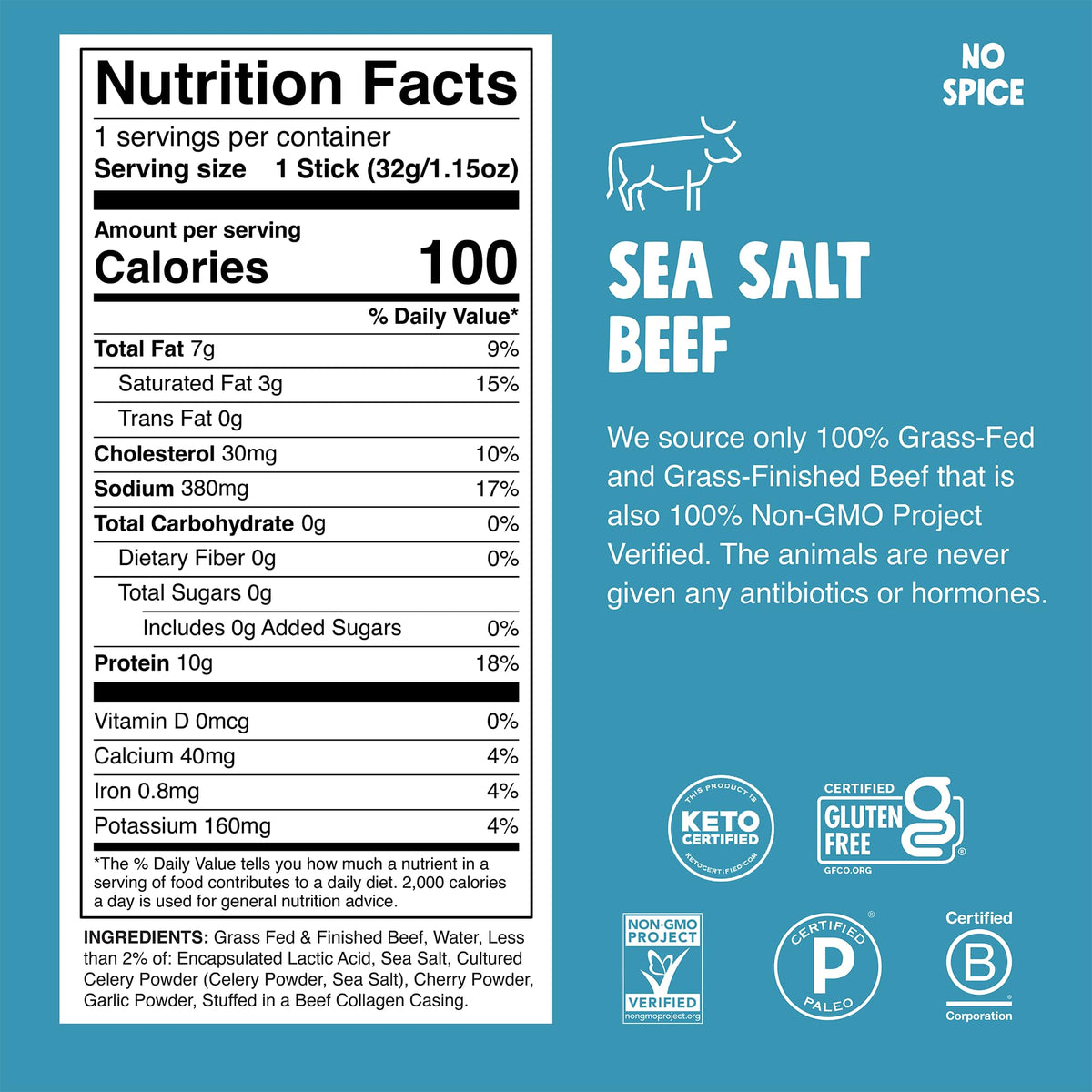 Chomps, Sea Salt Beef Stick, 1.1 Ounce, 8 Count