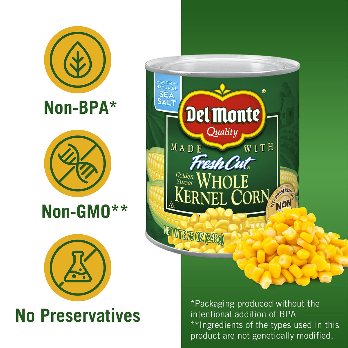 DEL MONTE FRESH CUT Golden Sweet Whole Kernel Corn, Canned Vegetables, 12 Pack, 8.75 oz Can