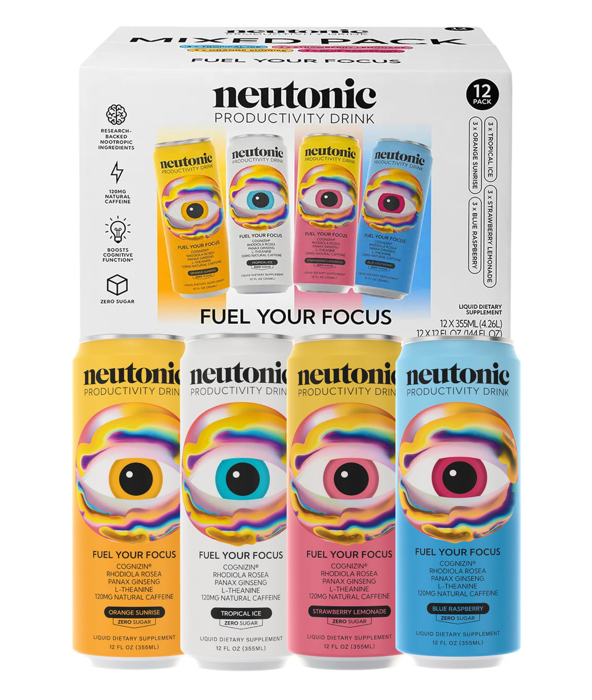 Neutonic Nootropic Productivity Energy Drink | Variety Pack 12 Cans | 120mg Natural Caffeine, Zero Sugar | Support Memory, Mental Clarity, Cognitive