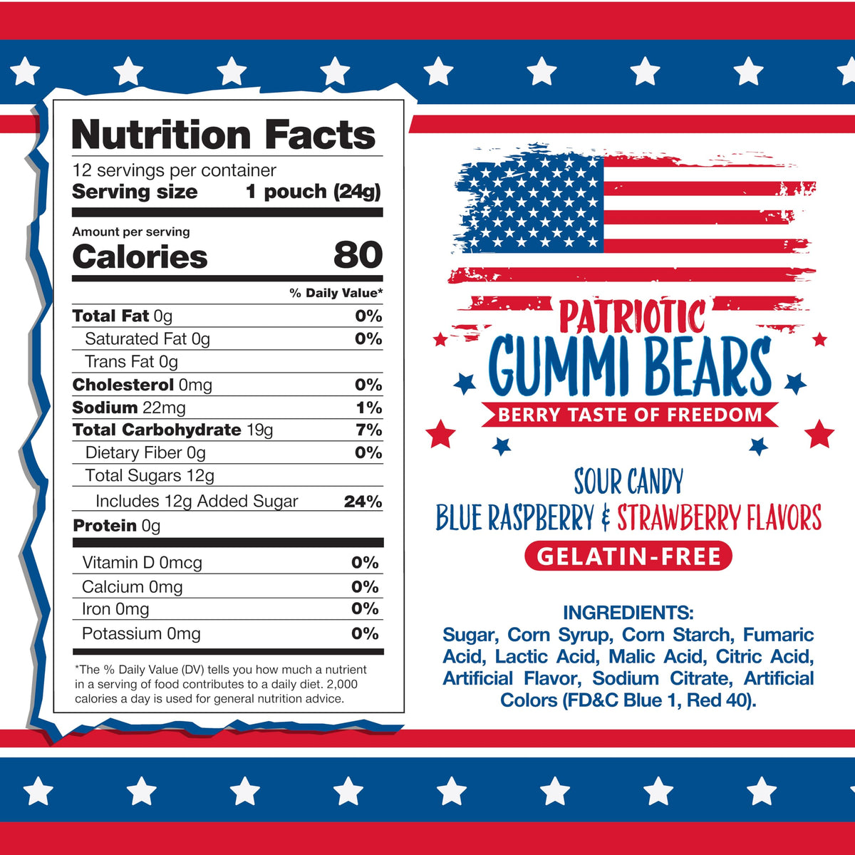 Patriotic Candy | 12 Packs | 4th of July Candy Individually Wrapped | Sour Bears Gummy Candy | Blue Raspberry & Strawberry Flavors | Red & Blue