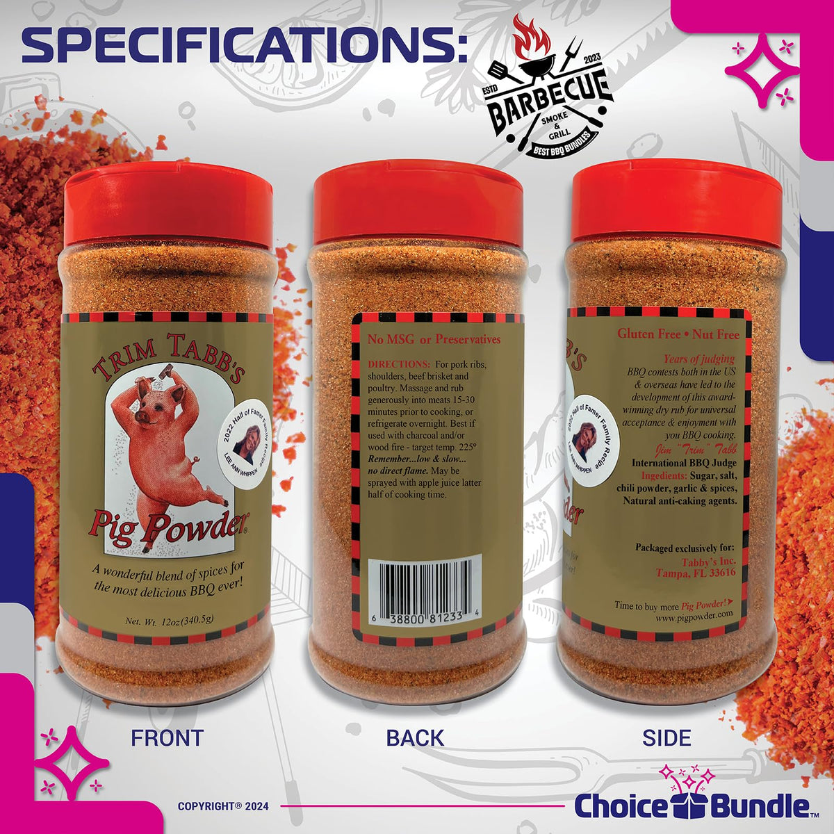 Trim Tabb’s Pig Powder Premium BBQ Barbecue Rub & Seasoning 4 Pk (48 oz) + Guide & Keychain Bottle Opener (6 Items)!