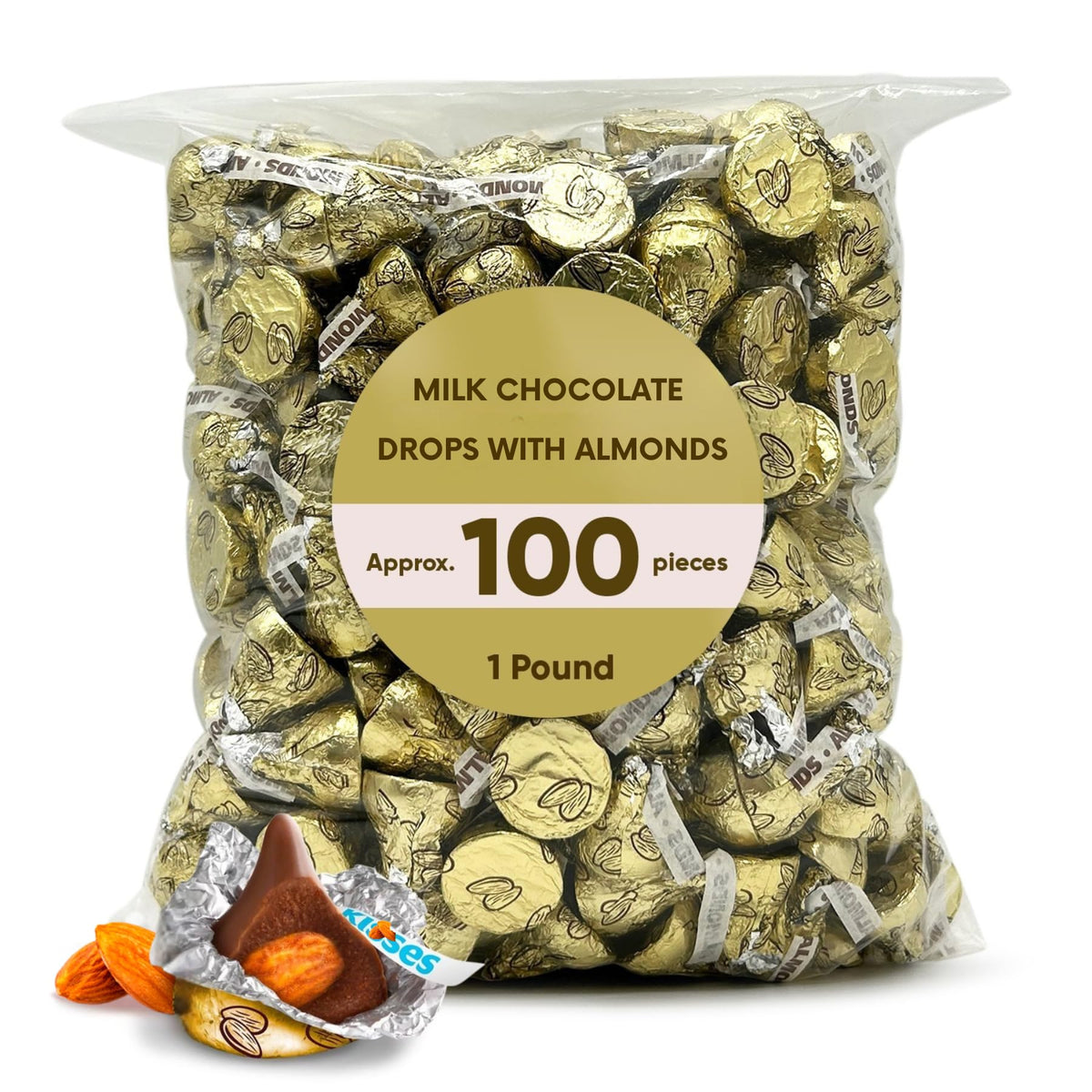 Milk Chocolate with Almond Candy Pieces - Creamy Foil-Wrapped Bite Size Treats for Parties, Candy Buffets, Holiday Desserts & Snacking - 1 lb (Approx