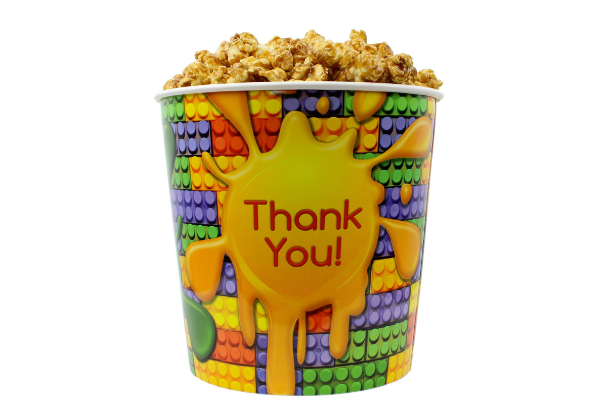 Signature Popcorn, 1-Gallon “Thank You!” Reusable Lego-Style Gift Bucket, Caramel Popcorn, Gourmet Snack, Gluten-Free, Holiday or Appreciation Gift