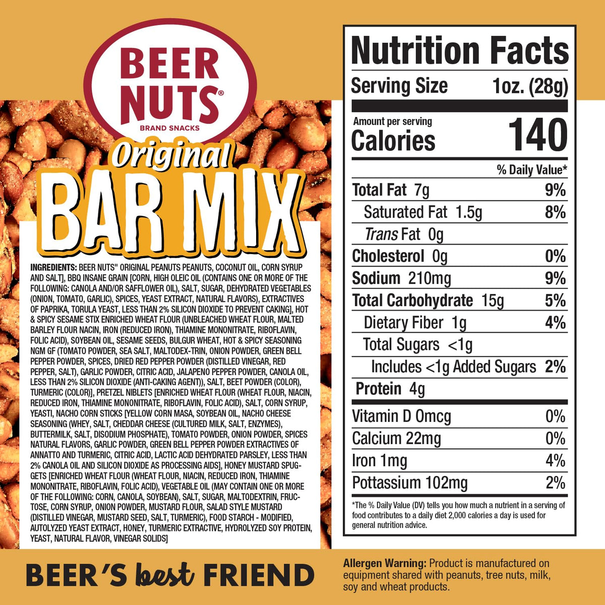 BEER NUTS Original Bar Mix - Crunchy Party Pretzels, Cheese Sticks, Sesame Sticks, Roasted Corn Nuts, & Original Roasted Sweet Glazed Salted Peanuts