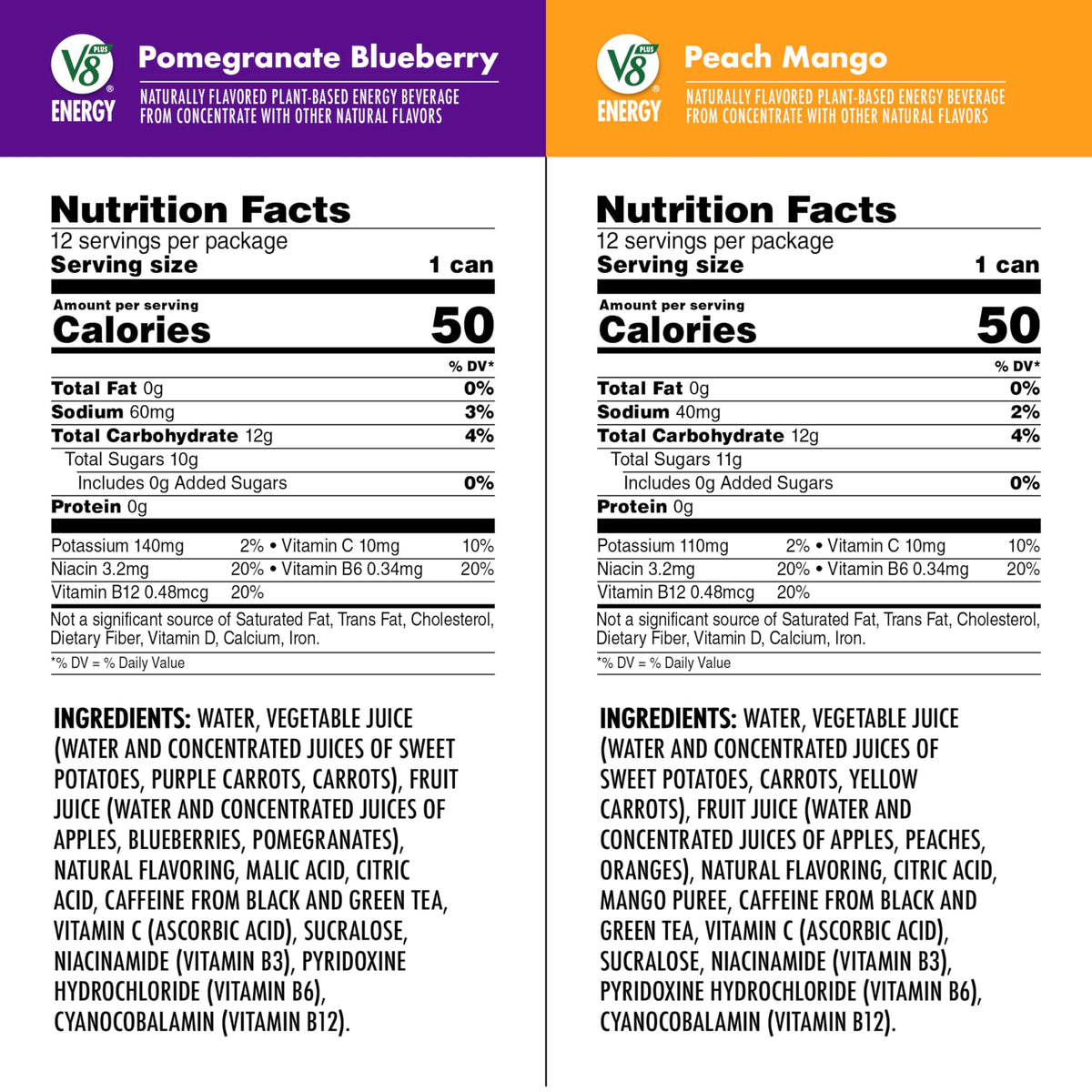 V8 Energy Pomegranate Blueberry and Peach Mango Energy Drinks, 8 fl oz Can (24 Pack)