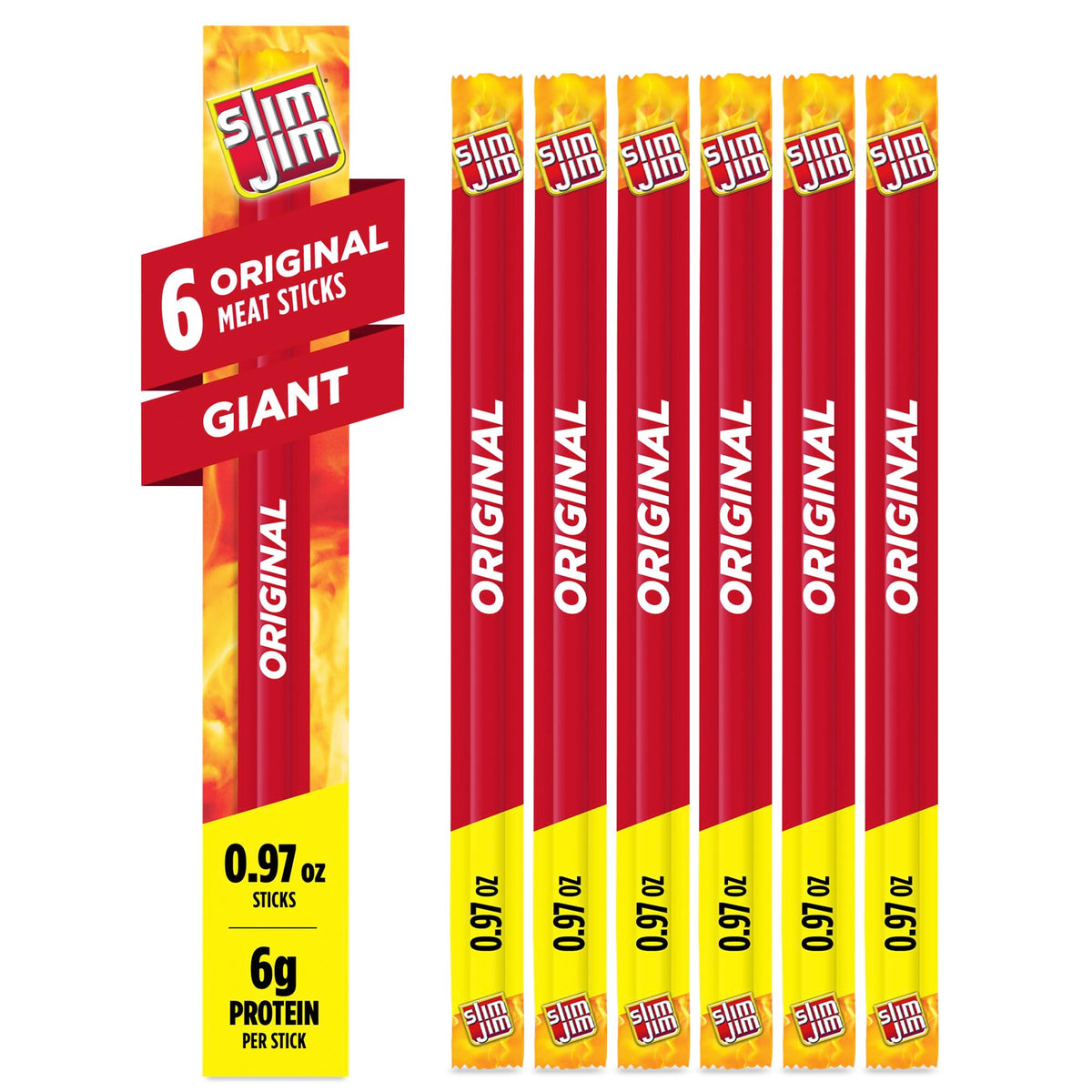 Slim Jim Giant Smoked Meat Sticks, Original Flavor, 6g Protein Per Stick, 0.97 oz. (6 Count)
