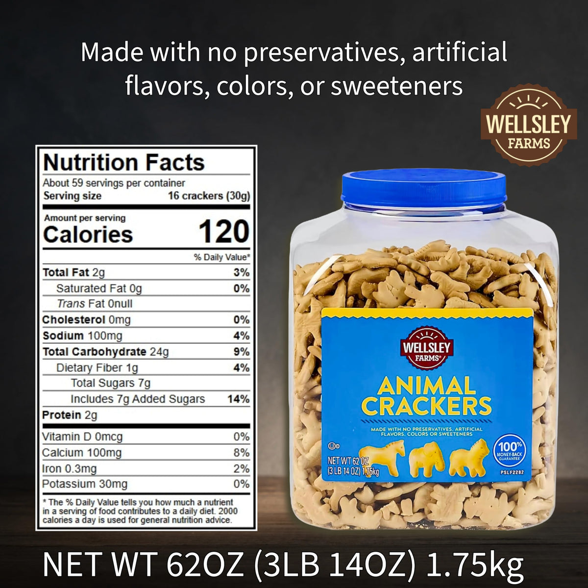 Wellsley Farms Animal Crackers 62oz. Resealable Tub.