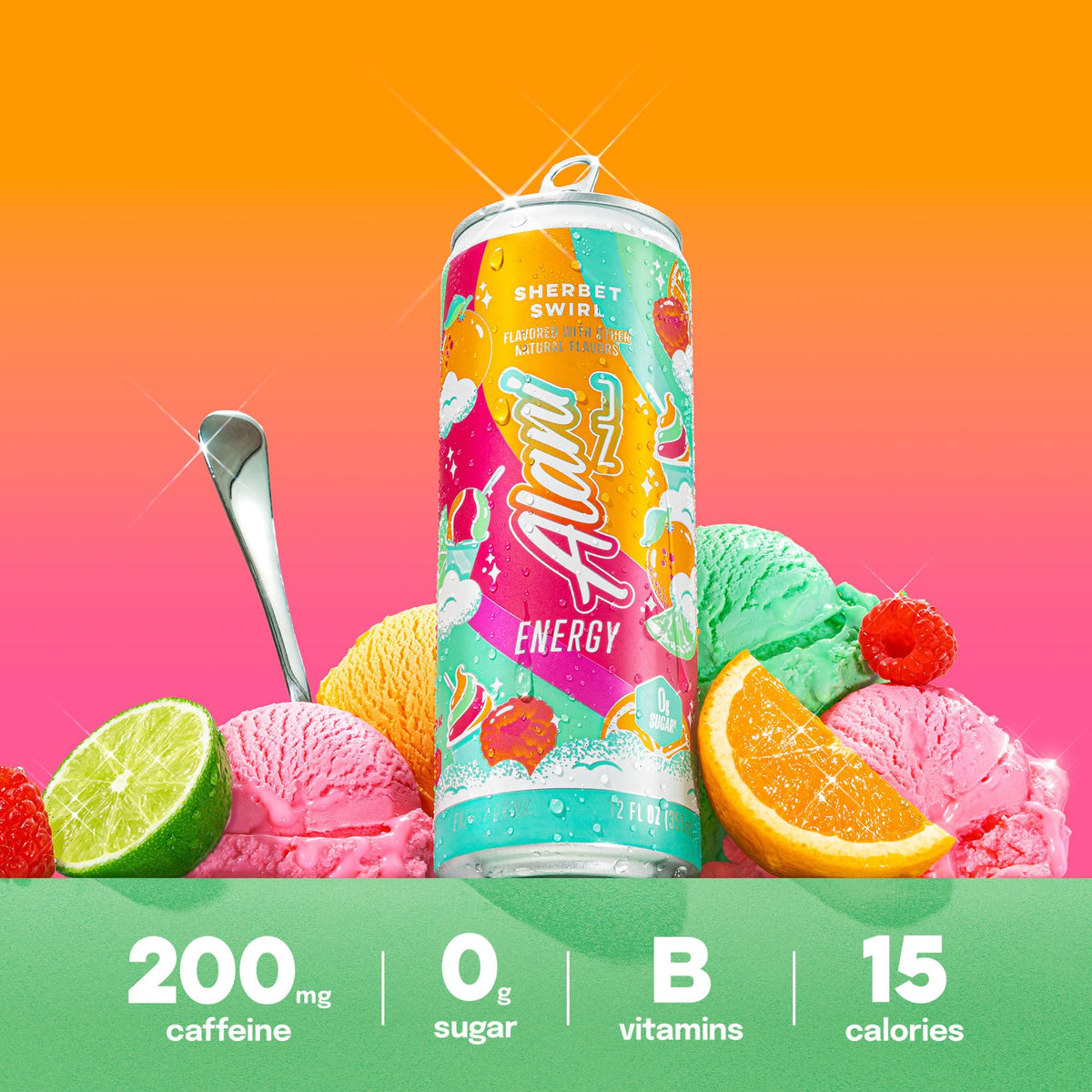 Alani Nu SHERBET SWIRL Sugar Free, Low Calorie Energy Drinks, 200mg Caffeine, Biotin B Vitamins, Zero Sugar, 10 Calories, 12 Fl Oz Cans, 12 Pack