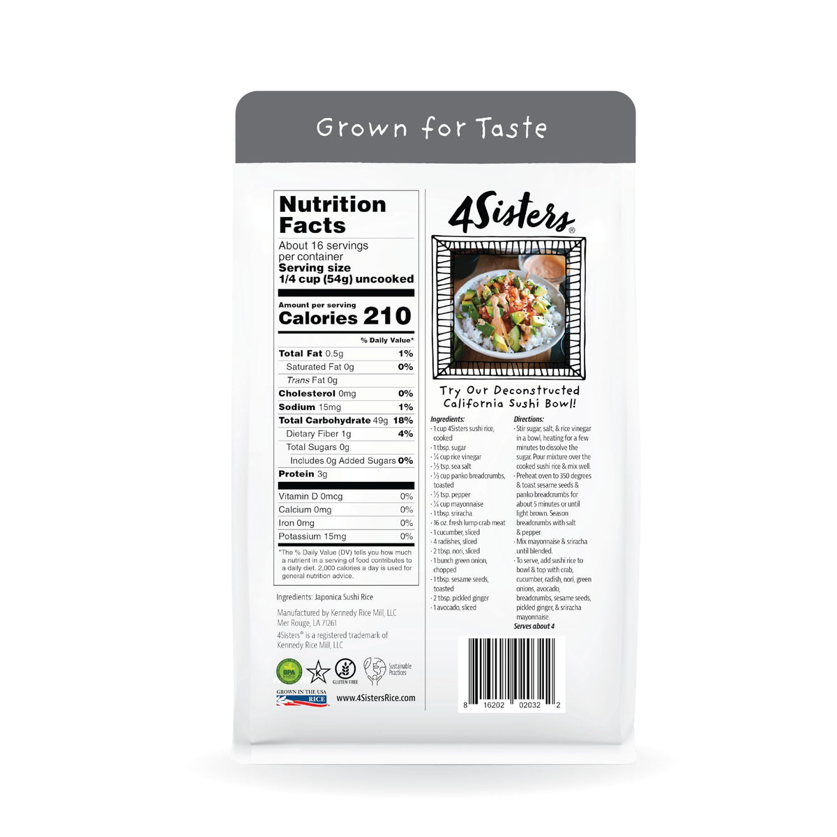 4Sisters - Authentic Short Grain Japonica Sushi Rice - Sustainably Grown - Women Owned - Farm to Table - 2lb