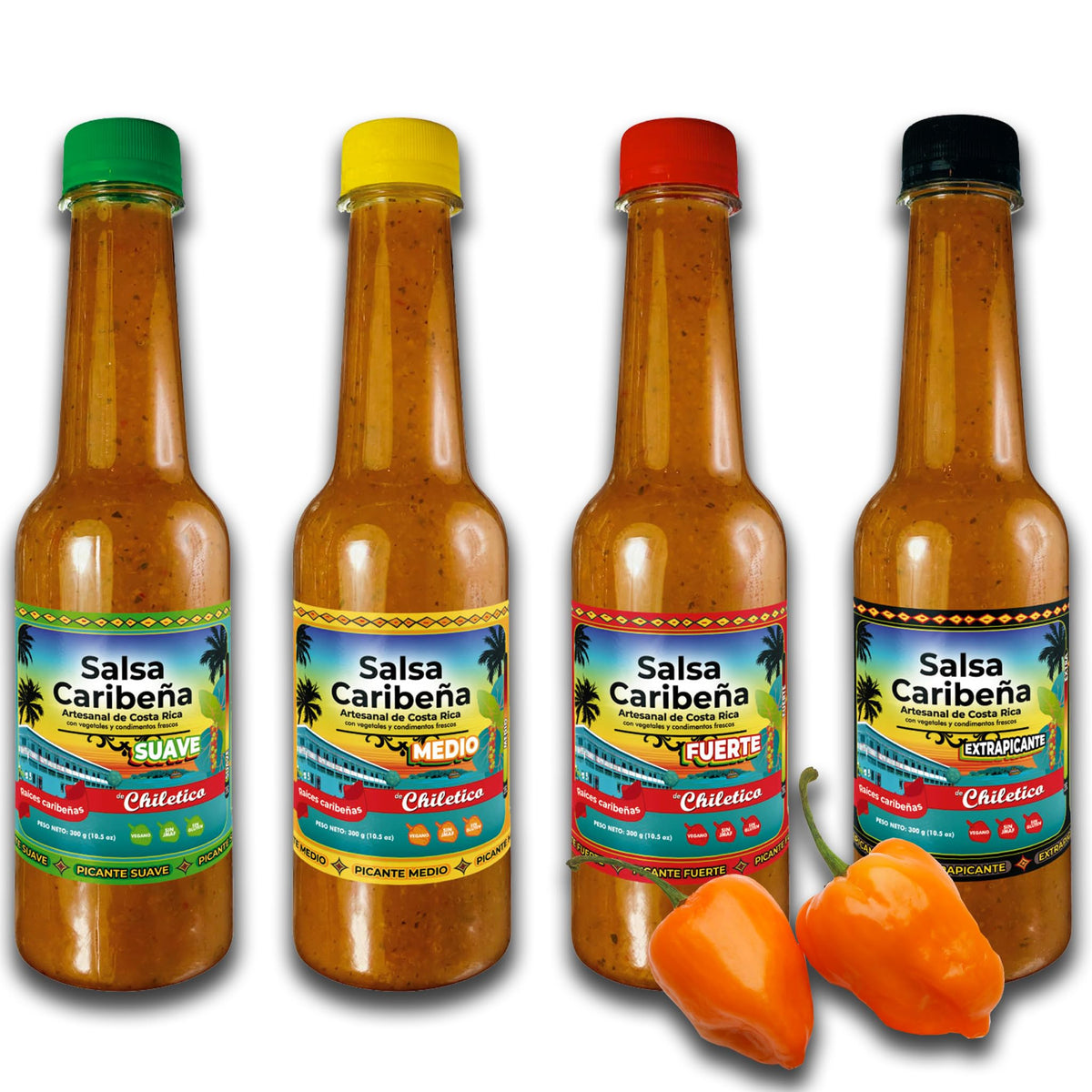 Chiletico Caribbean Medium Hot Sauce - 3-Pack of Authentic Costa Rican Salsa Picante - Balanced Heat with Fresh Vegetables and Spices - 4.9 oz Each