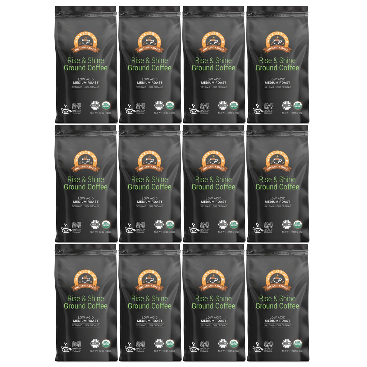Alex's Low Acid Organic Coffee 12oz Bag - Rise and Shine Fresh Ground (Pack of 12)
