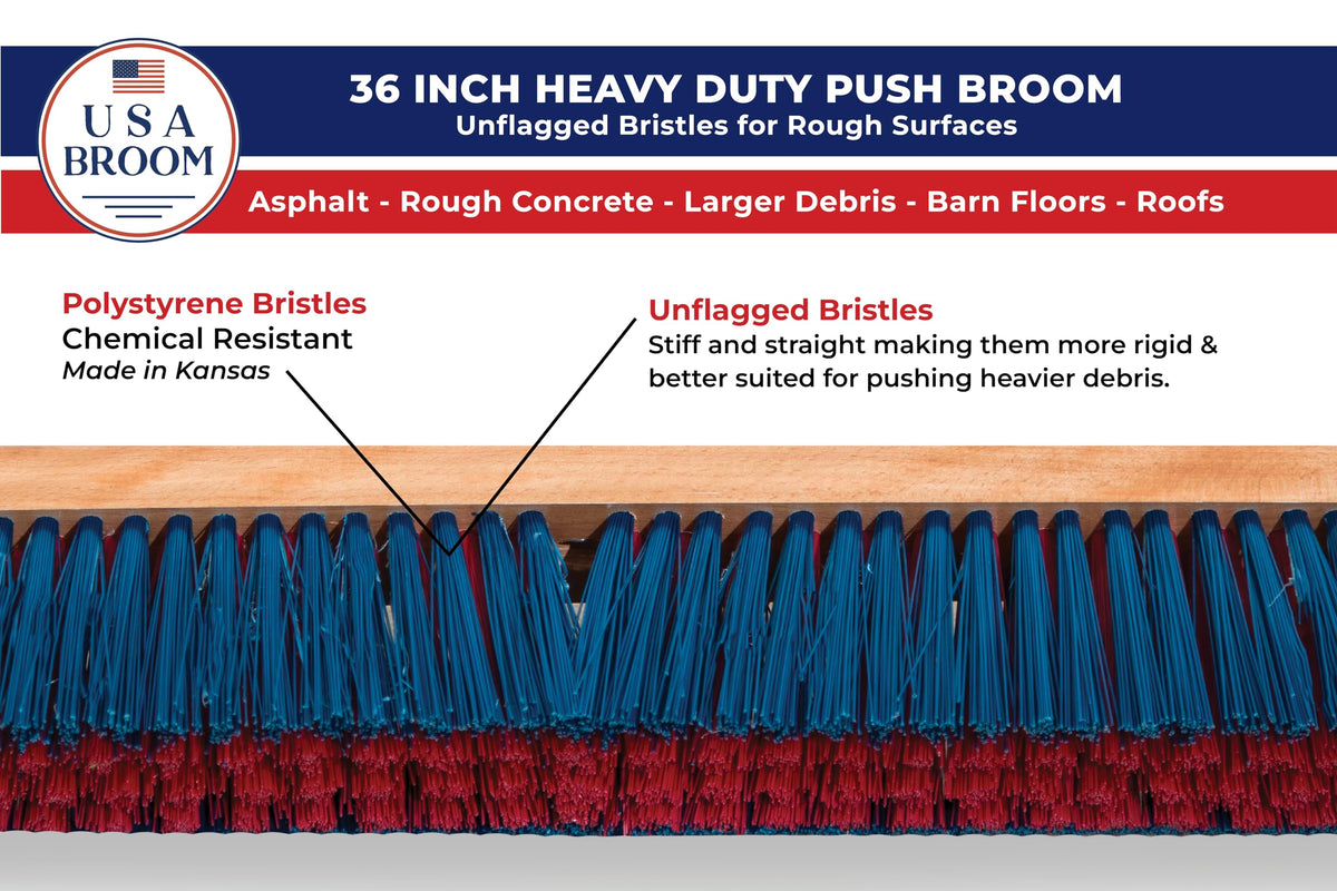 36" Heavy Duty Outdoor Push Broom with 60" Handle. Ideal for Asphalt, Concrete & Heavy Debris. Durable American Made Steel Brackets-Stainless Steel