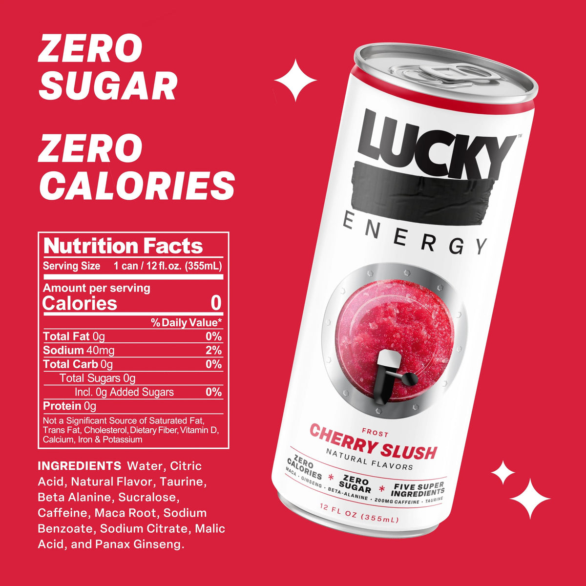Lucky Energy Drink Cherry Slush, Zero Calories, 200mg Caffeine, 12 Pack