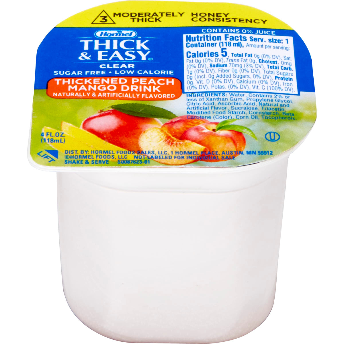 Hormel Healthlabs Thick and Easy Thickened Honey Consistency Clear Peach Mango Drink, 4 Ounce - 24 per case.