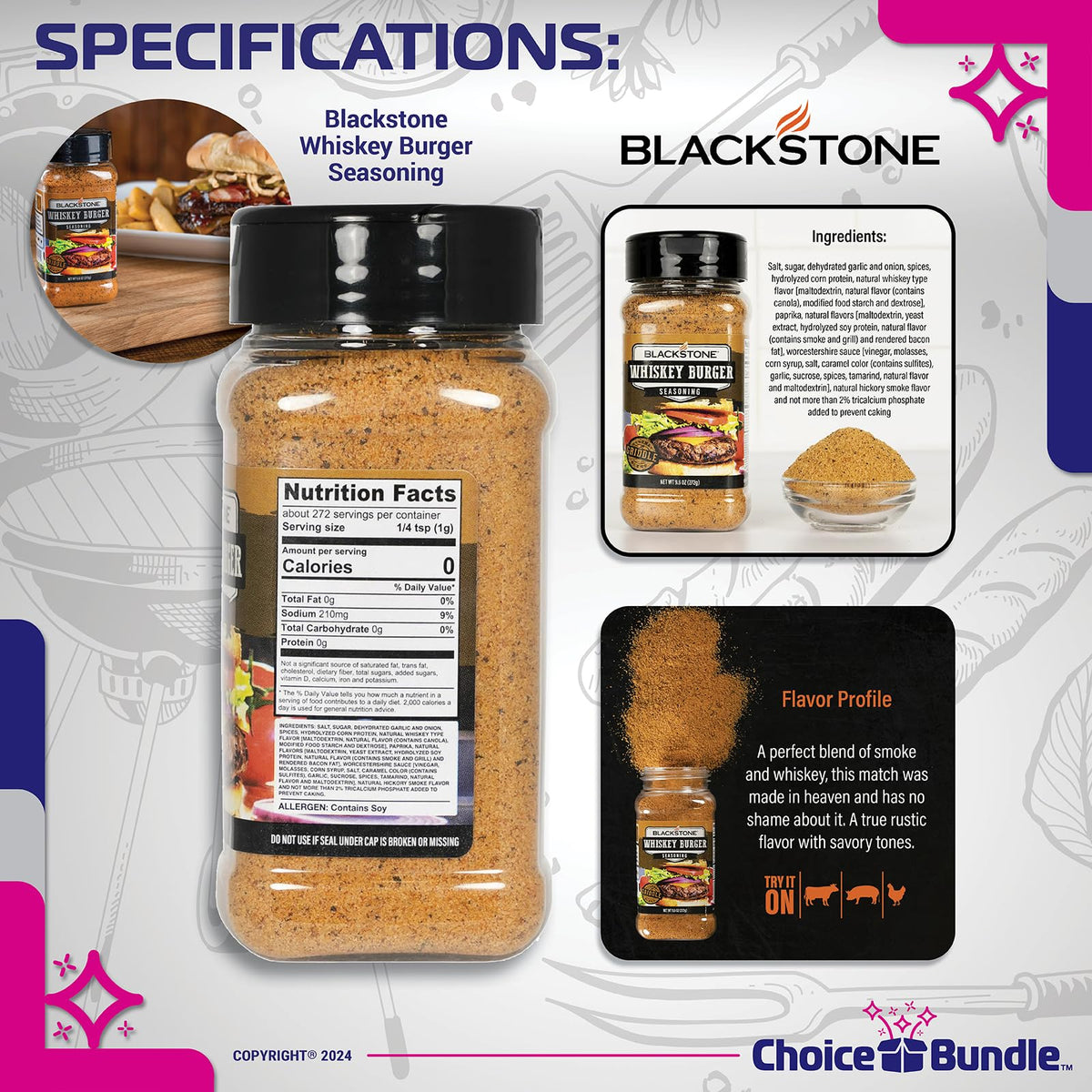 Blackstone Cheesesteak & Whiskey Burger Seasoning - Gourmet Griddle Premium BBQ Barbecue Rub 4 Pk Choice Bundle (33.8 oz) + BBQ Guide & Bottle Opener