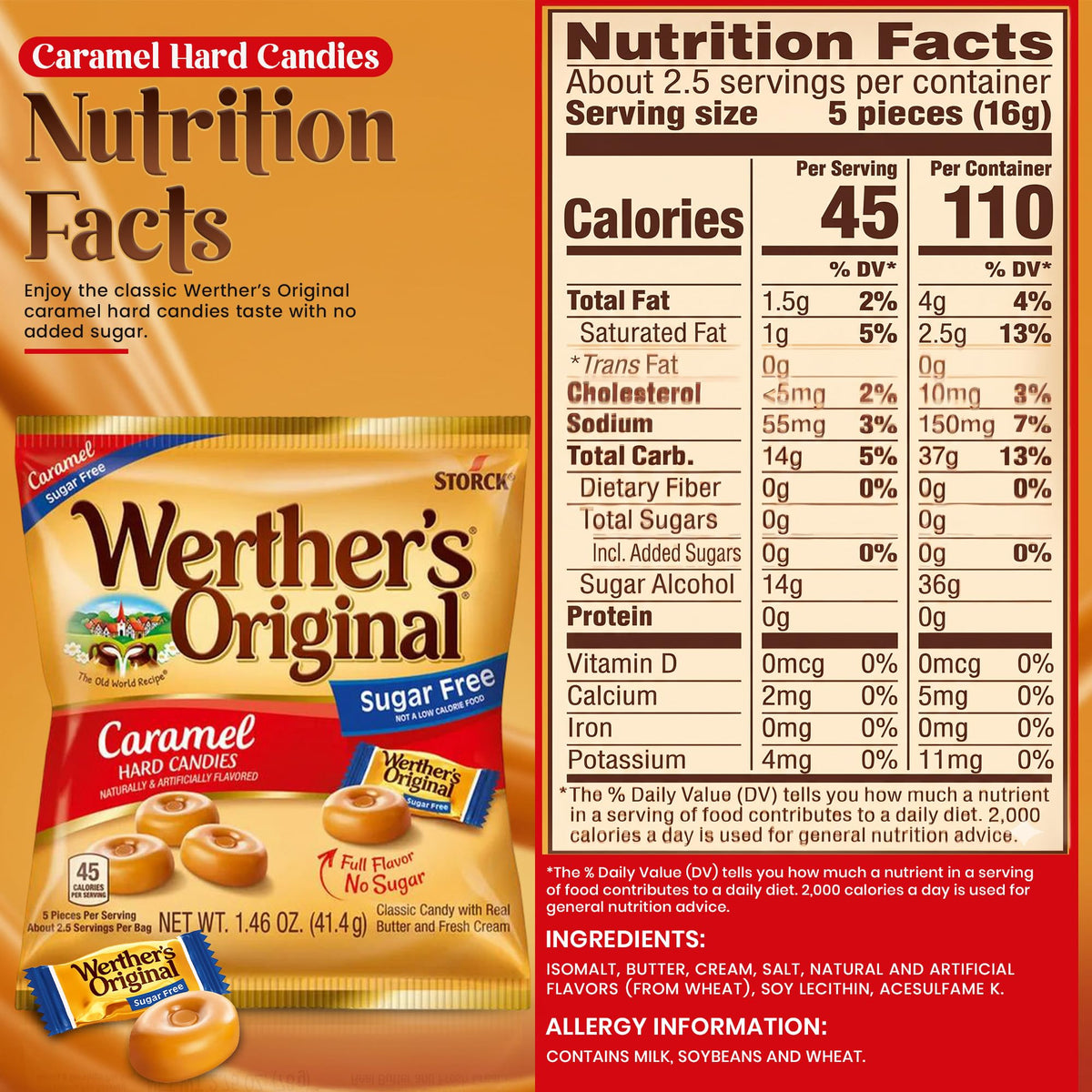 Werthers Sugar-Free Hard Candy Variety Pack (1.46 oz Each) - 2 Caramel & 2 Caramel Chocolate | Individually Wrapped Zero Sugar Snacks | Perfect