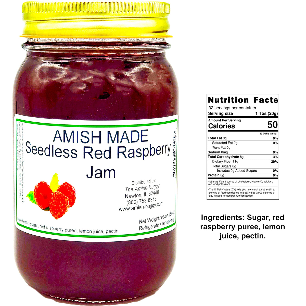 Amish Seedless Red Raspberry Jam - Two 16 Oz Jars