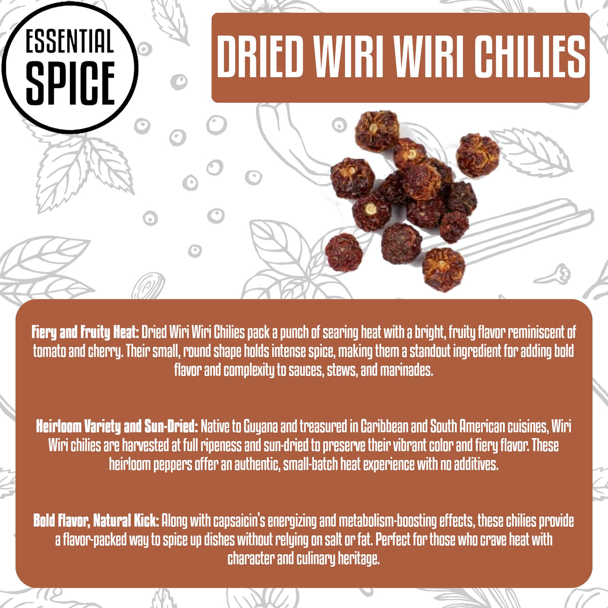 Essential Spice Dried Wiri Wiri Chilies - Small But Fiery with Fruity, Tomato-Like Flavor - Whole Dried Guyanese Peppers for Hot Sauces, Pickling
