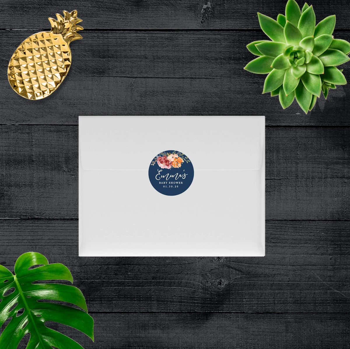 Andaz Press Navy Blue with Orange Pink Fall Watercolor Flowers Baby Shower Party Collection, Personalized Chocolate Drop Label Stickers Trio, Custom
