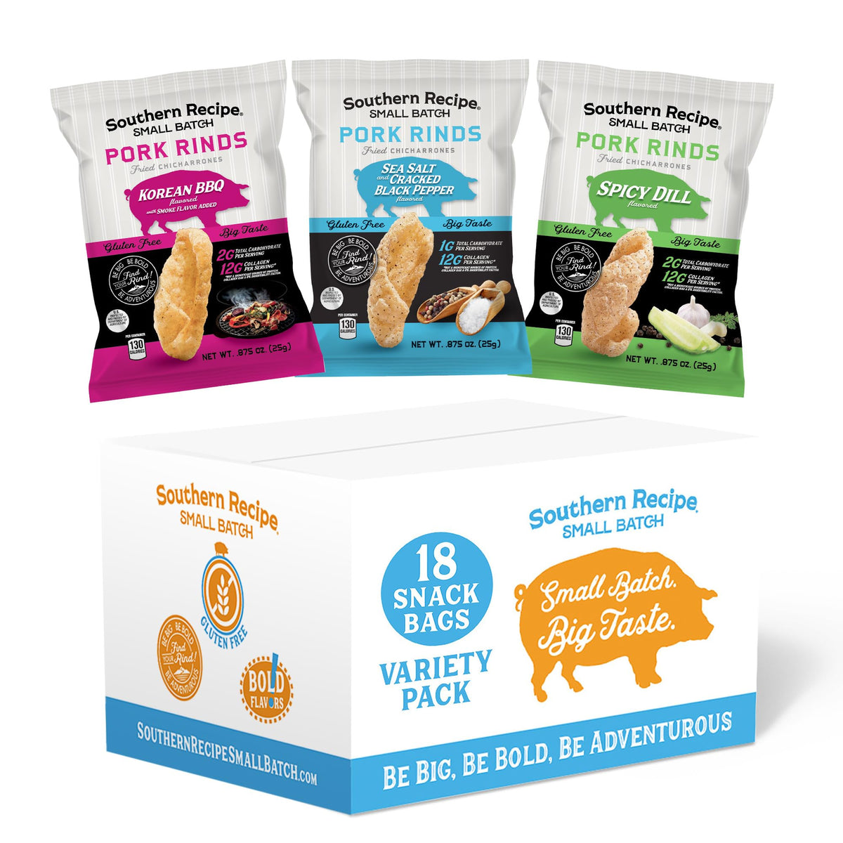 Pork Rinds Variety Pack | Salt & Pepper, Korean BBQ, & Spicy Dill | Southern Recipe Small Batch Chicharrones | Keto Friendly & Low Carb | Snack Bag
