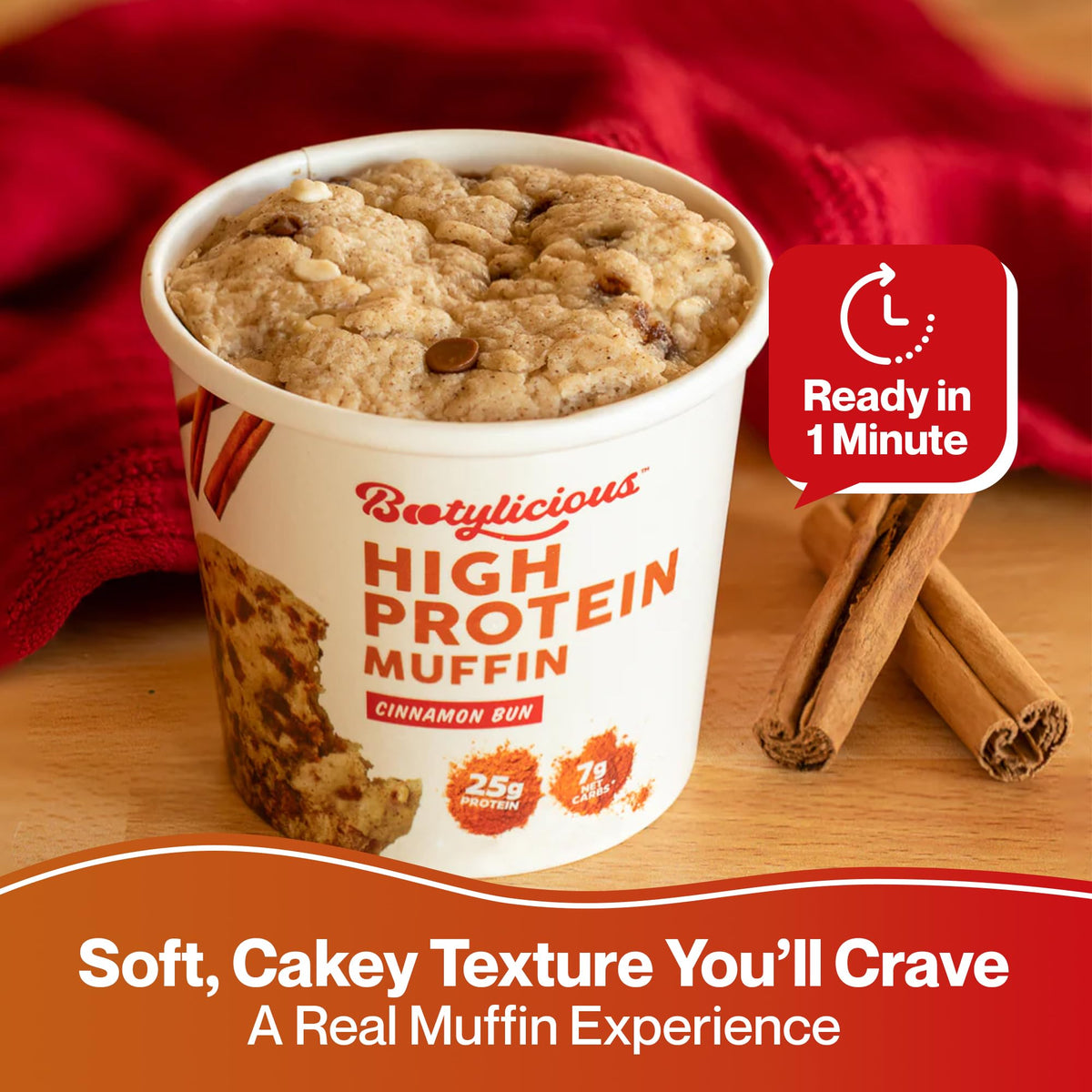 Bootylicious | High-Protein Muffin | 25g Protein, 7g Net Carbs, 2.32-2.75oz Cup, 12-Pack (Cinnamon Bun)