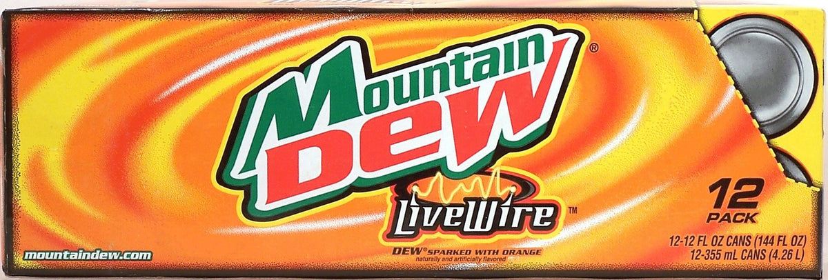 Mountain Dew Live Wire, Dew sparked with orange, 12-pack 12-ounce cans, Fridge Pack Shape