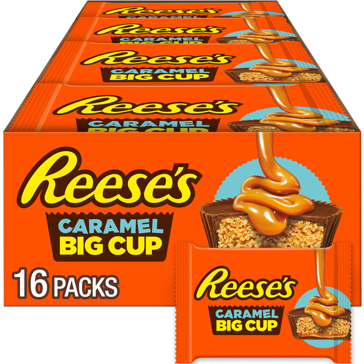 REESE'S Big Cup Caramel Milk Chocolate Peanut Butter Cups, Candy Packs, 1.4 oz (16 Count)