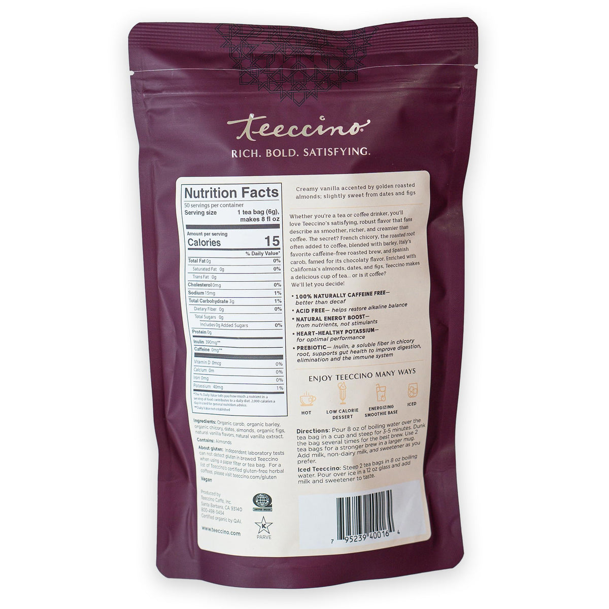 Teeccino Vanilla Nut Herbal Tea, 50 Tagless Eco-Friendly Tea Bags - Rich & Roasted Herbal Tea That’s Caffeine Free & Prebiotic for Natural Energy