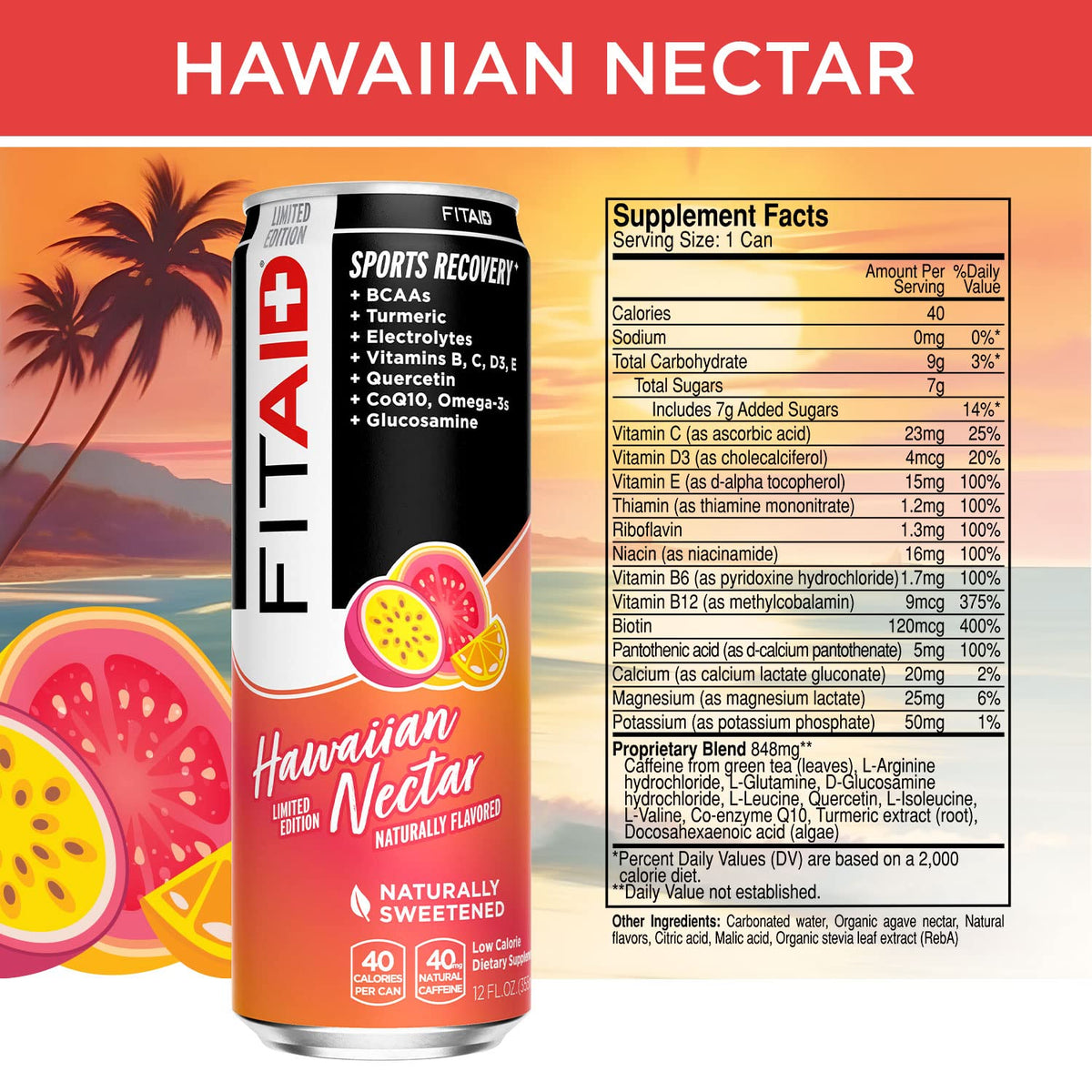FITAID Post Workout Recovery Drink Hawaiian Nectar Passion Fruit Orange & Guava BCAA Glucosamine Electrolytes 40 Calories 12 Fl Oz (Pack of 12)