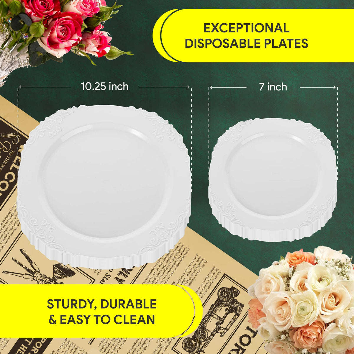 Zlion 60 Piece White Disposable Plate Set - Elegant Plastic Dinnerware for Parties, Weddings, Birthdays & Baby Showers - Includes 30X 10.25 inch Main