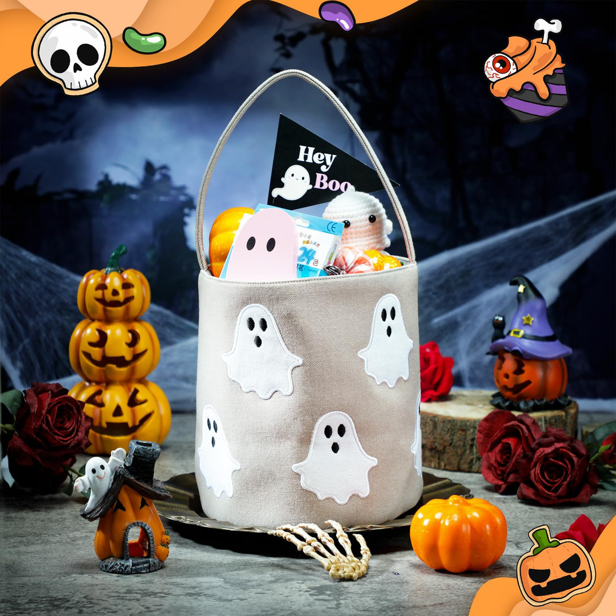 Locmeo 2 Pcs Halloween Boo Basket Halloween Trick or Treat Bag Cute Goodie Candy Basket with 2 Boo Pennant Flags Candy Gift Buckets for Party