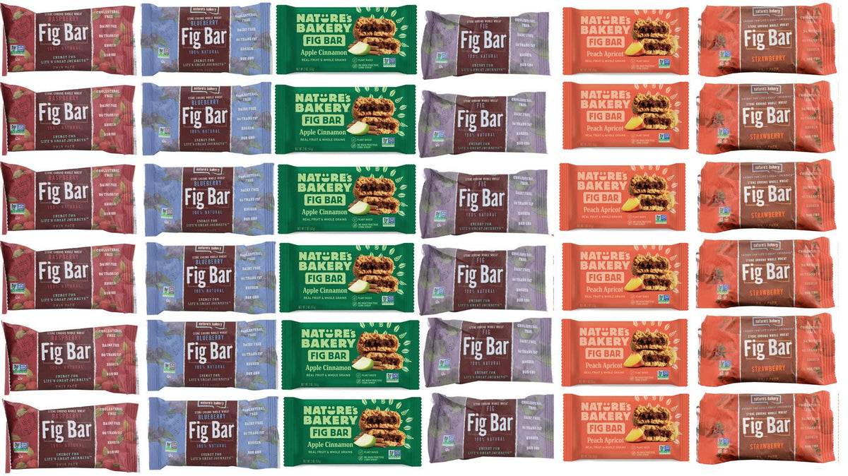 Nature's Bakery Fig Bars Variety Pack. Bundle of 6 Boxes with 36 Individually Wrapped Bars. Flavors Include: Blueberry; Strawberry; Peach; Raspberry