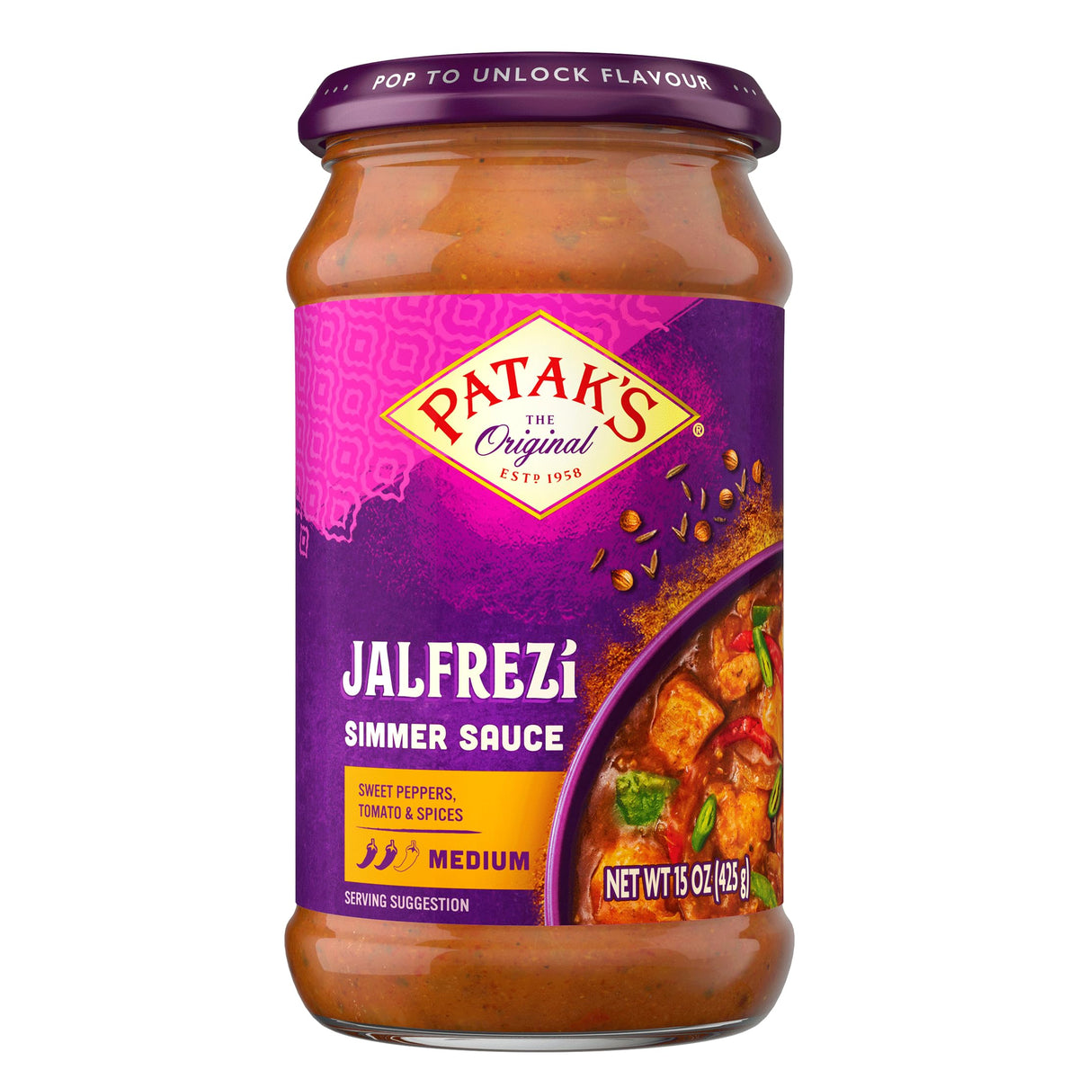 Patak’s Jalfrezi Simmer Sauce - Tomato-Based Curry Sauce with Green and Red Bell Pepper, Spices - Gluten-Free & Vegan Mild Indian Sauce - Perfect