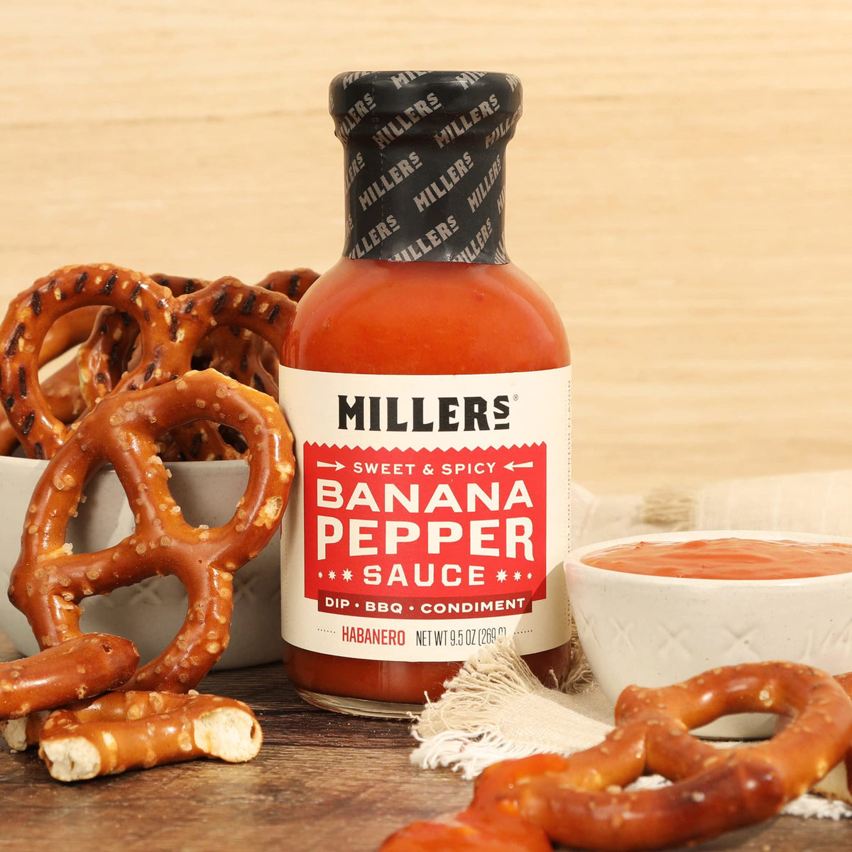 Miller's Banana Pepper Habanero Hot Sauce, Sweet Spicy Banana Pepper Sauce - Best Use for Grilled Meats, BBQ Rub, Chicken Wing, Sandwich 9.5 OZ (Pack