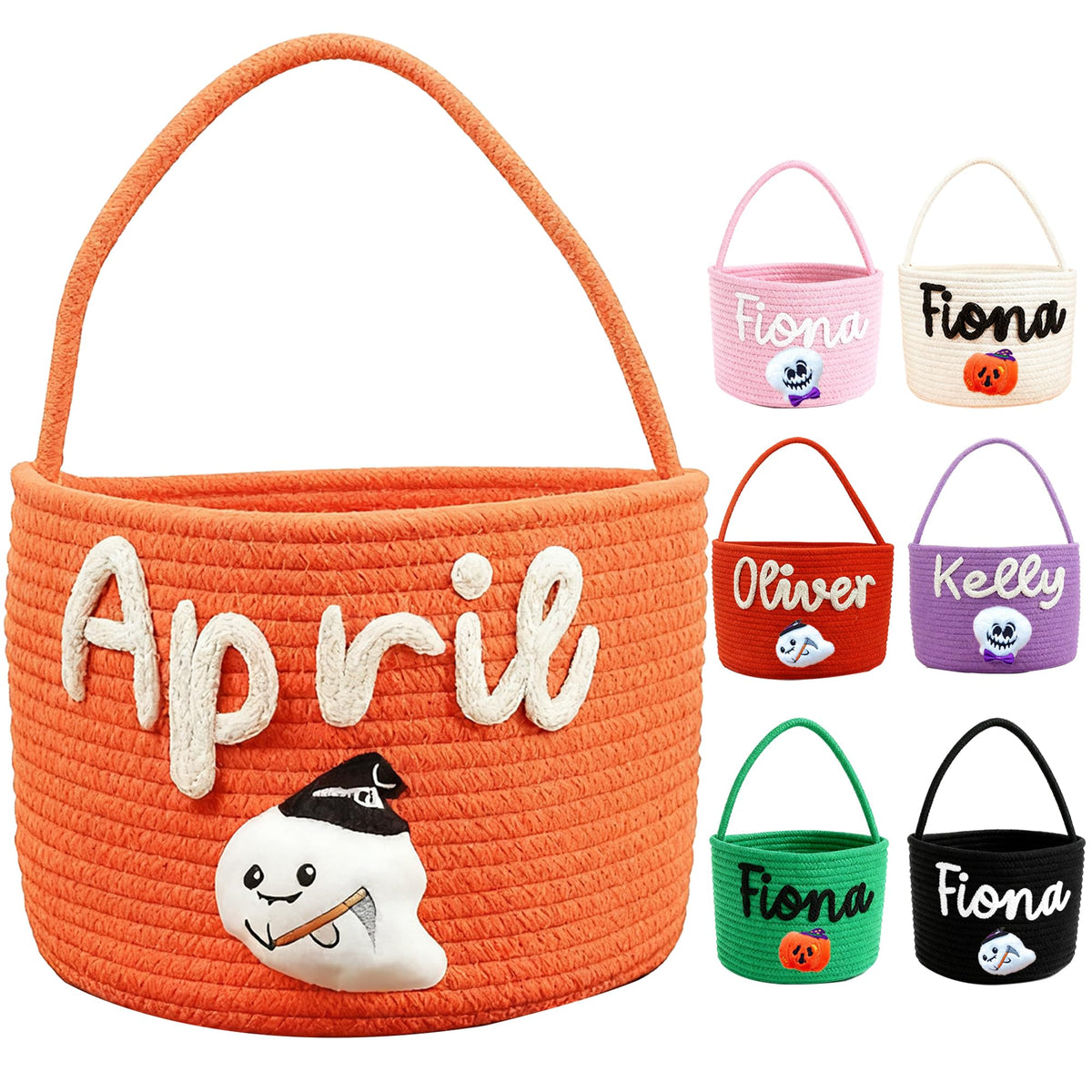 Personalized Halloween Basket for Kids Custom Trick or Treat Bags with Name Customized Woven Candy Bag with Handle Halloween Pumpkin Bucket Ghost