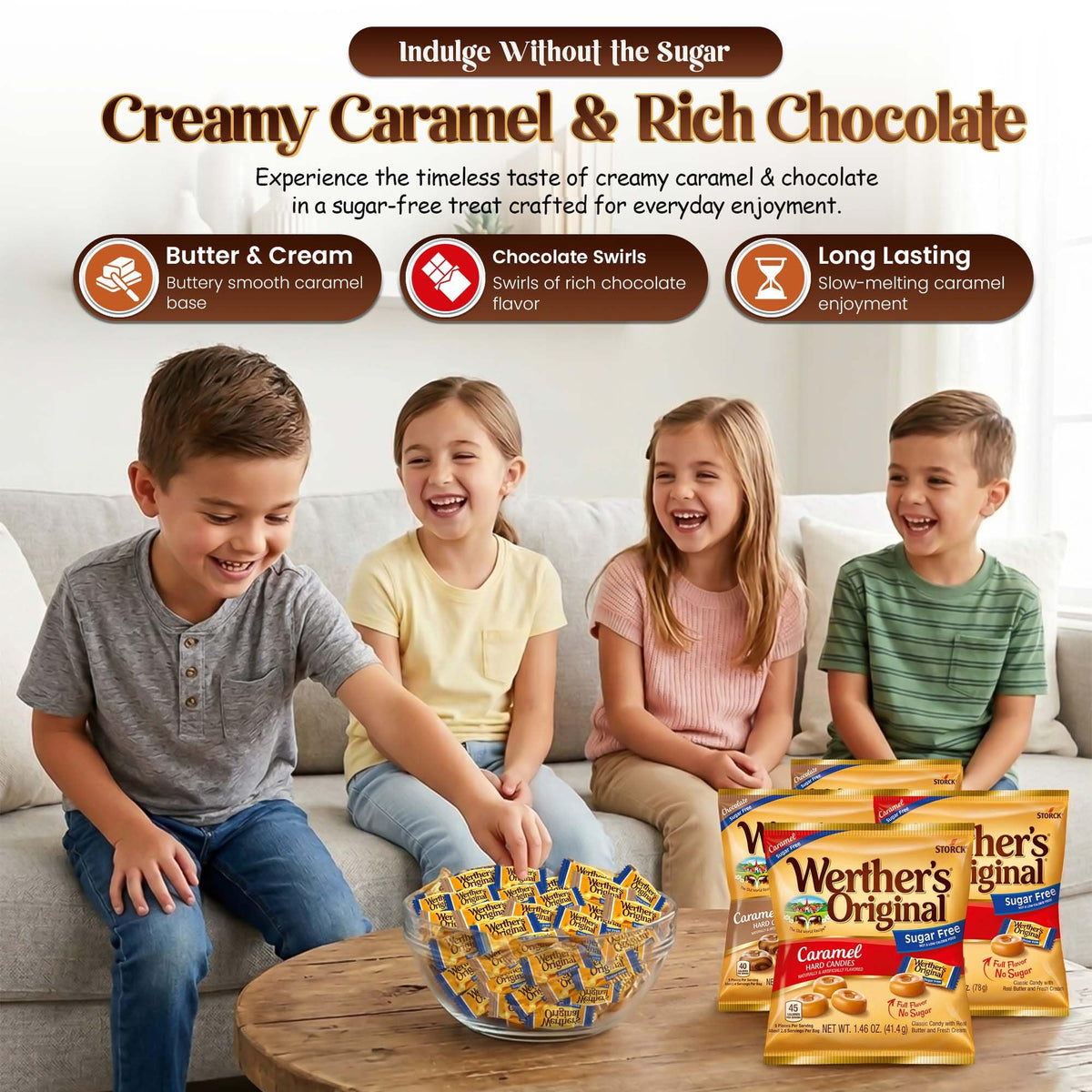 Werthers Sugar-Free Hard Candy Variety Pack (1.46 oz Each) - 2 Caramel & 2 Caramel Chocolate | Individually Wrapped Zero Sugar Snacks | Perfect