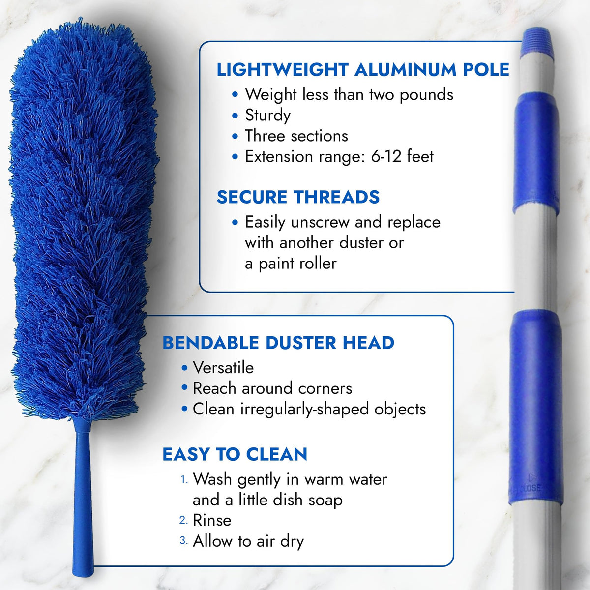 New U.S. Duster Company Triple Action High Reach Dusting Kit | Webster Cobweb Ceiling Fan Duster with 13 to 20 Foot Extension Telescope Pole |