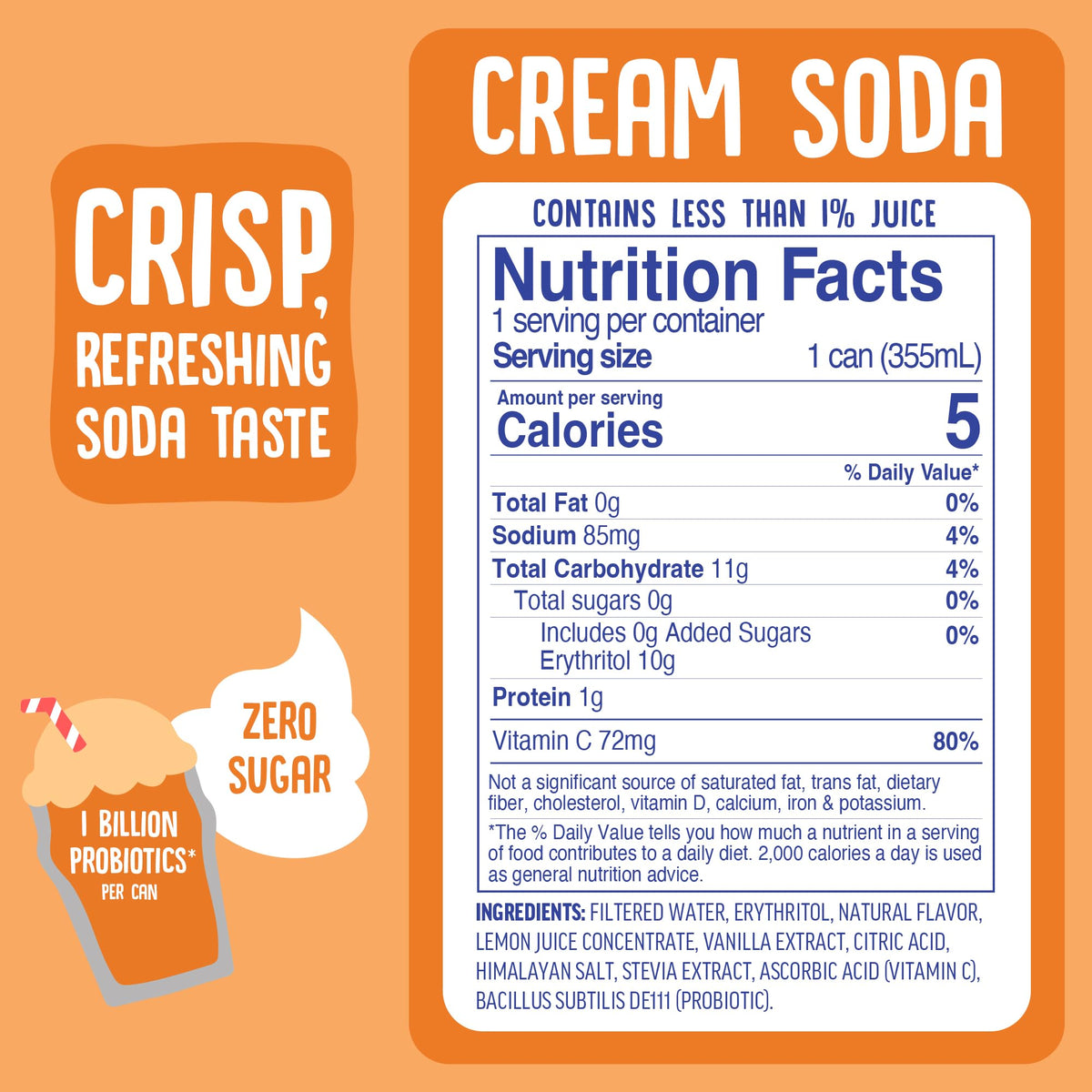 Cove Probiotic Soda, Zero Sugar Better-For-You Alternative - Refreshing, Delicious Probiotic Drink, No Synthetic Colors & Caffeine Free - Cream Soda