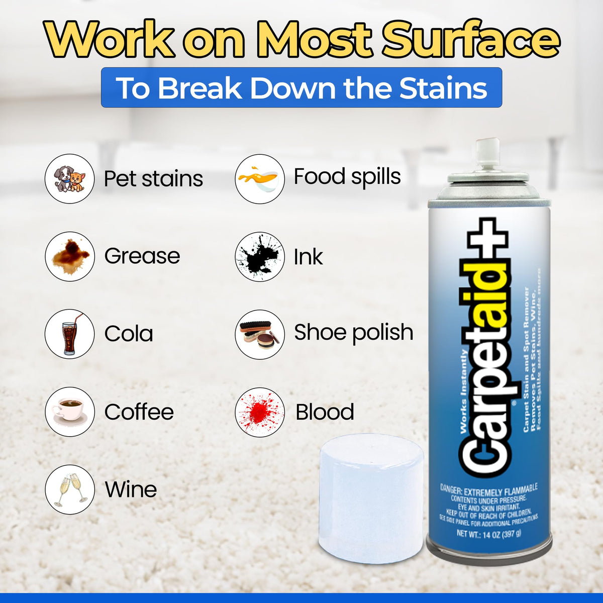 Carpet Aid Spot & Stain Remover - Removes Oil, Grease, Ink, Coffee, Pet Urine & Lipstick from Carpets, Rugs & Upholstery, Pack Of 2
