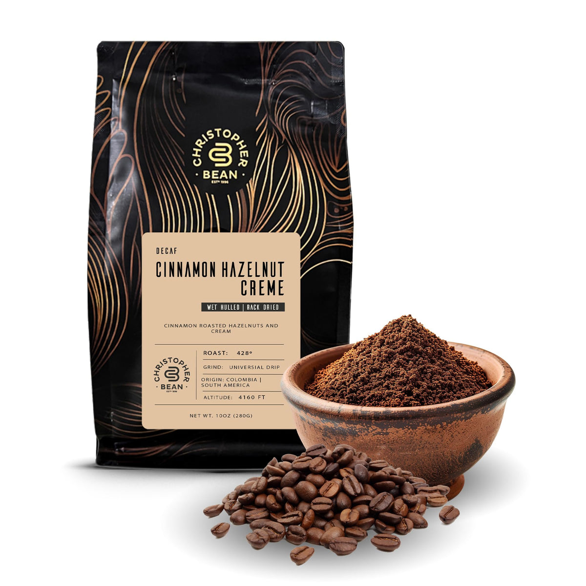 Christopher Bean Coffee - Certified Kosher - Decaf Ground Universal Drip Cinnamon Hazelnut Crème Flavored Coffee| Coffee Beans with Medium Roast 100%