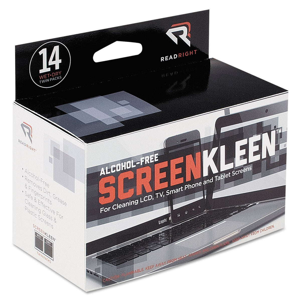 Read Right ScreenKleen Alcohol-Free Wipes, Cloth, 5 x 5, Unscented, 14/Box
